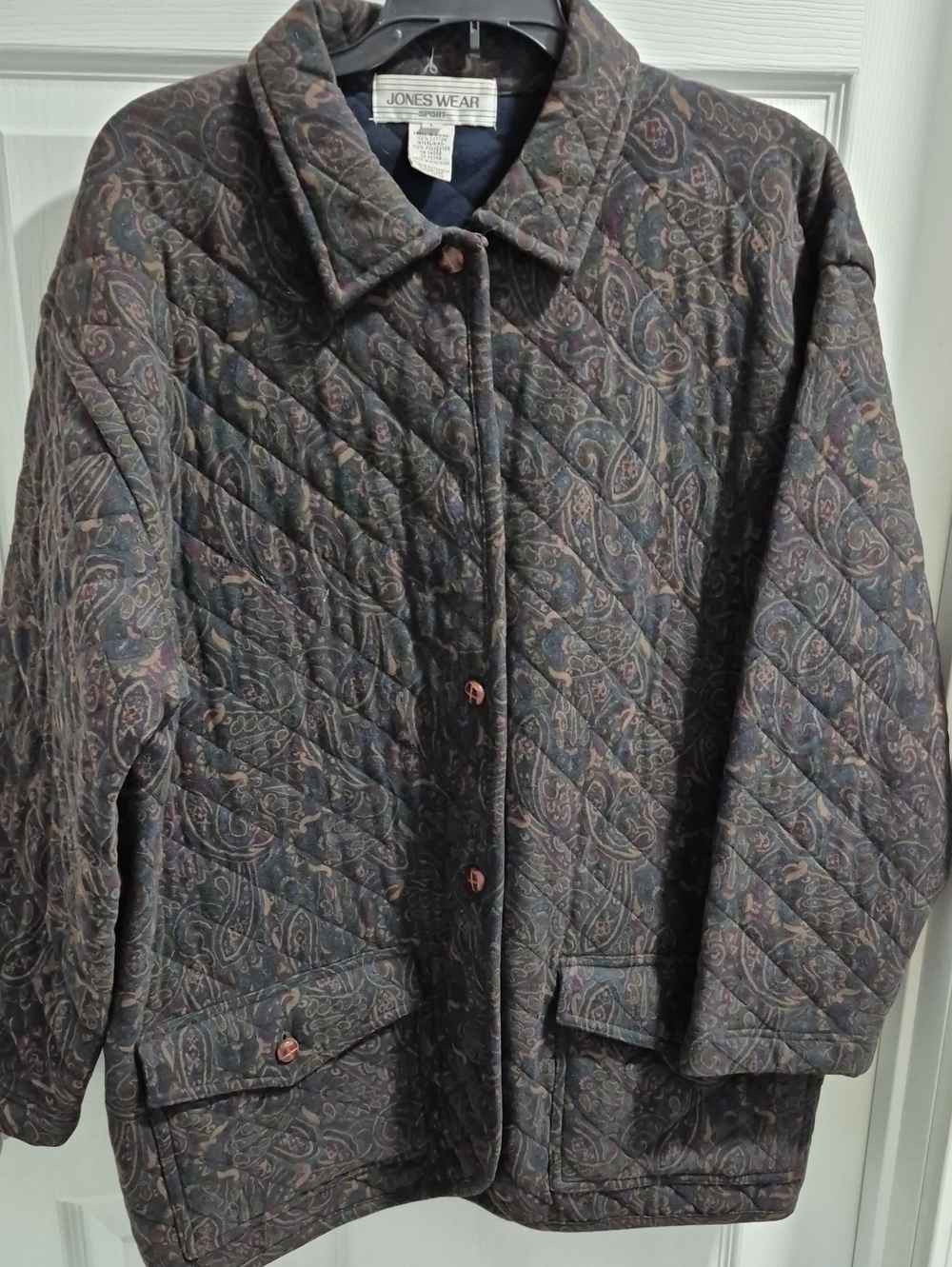 Jones Wear Quilted Paisley Puffer Jacket in Navy with Subtle Multicolor Accents - Picture 1 of 7